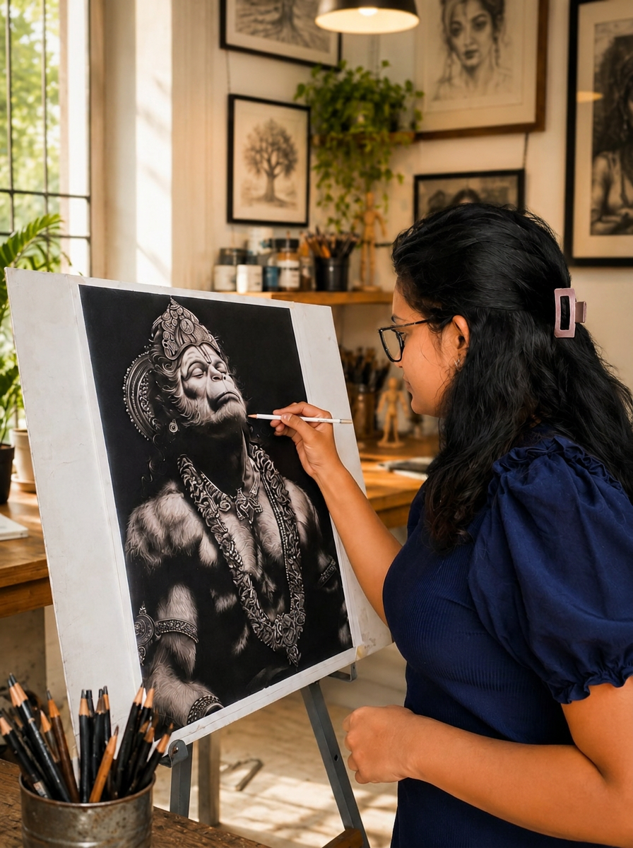 Sangita Ladumor working on a charcoal portrait in her studio