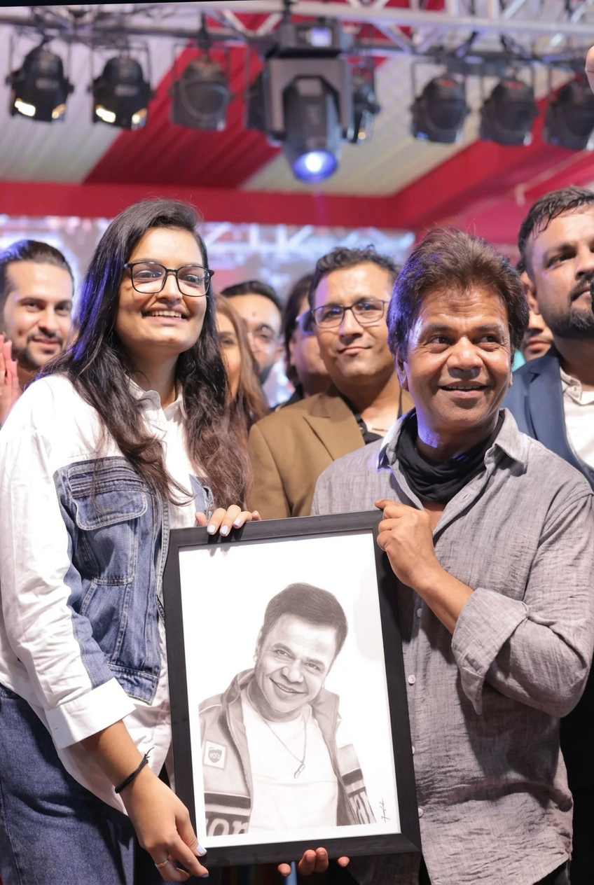 Sangita Ladumor presenting a handmade charcoal portrait to actor Rajpal Yadav