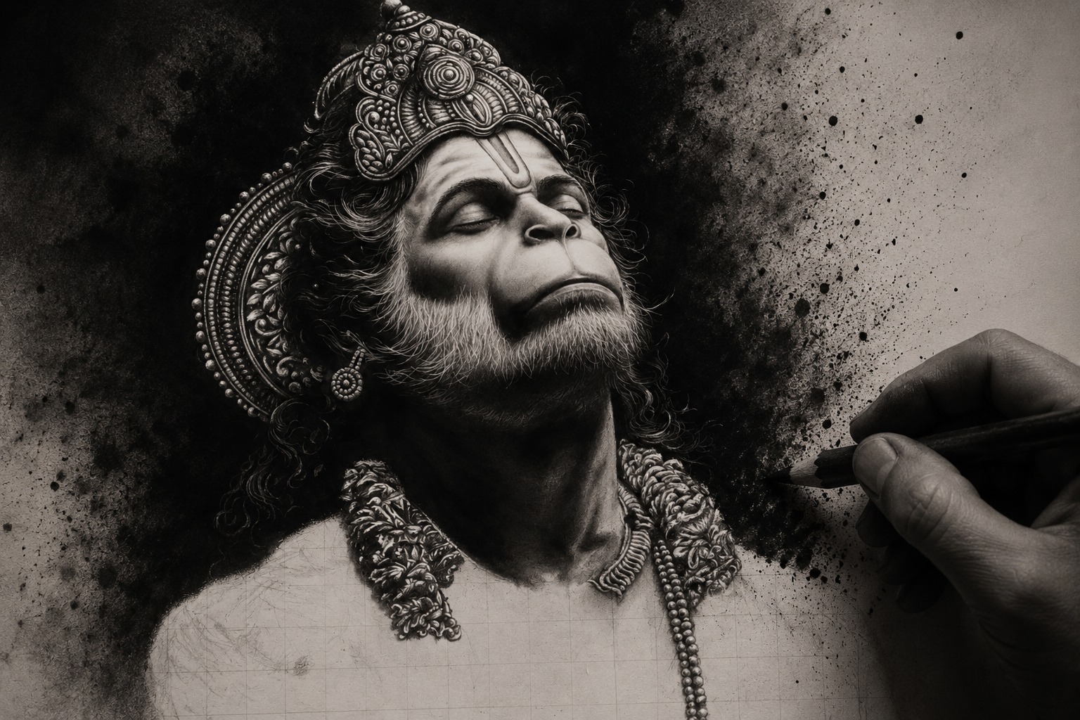 Realistic charcoal portrait of Hanuman by Sangita Ladumor